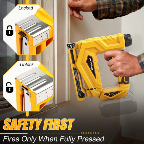 Cordless 3 In 1 Brad Nailer And Narrow Crown Stapler Compatible With Dewalt 20V Battery Platform with safety features in use.