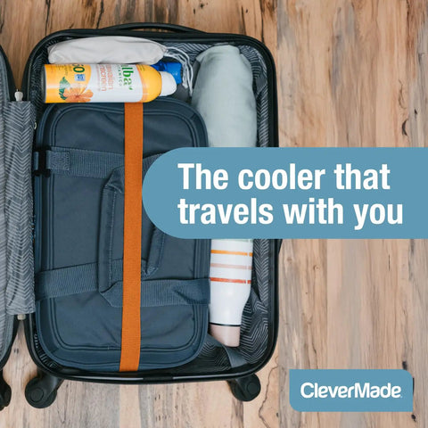Pacifica Collapsible Cooler Bag Medium Portable Insulated Cooler packed in suitcase with travel essentials