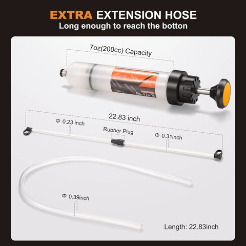 Four Uncles 200cc fluid extractor and fill pump for automotive oil change with 23in hose and two 12in extension tubes