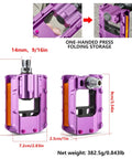 Foldable Bike Pedals Aluminum Alloy 9 Sixteenth Inch With Reflective Strips Non Slip Wide Flat Pedals For Mountain Road BMX Beach Cruiser Bikes Purple, shown folded and unfolded with dimensions