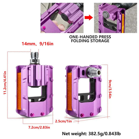 Foldable Bike Pedals Aluminum Alloy 9 Sixteenth Inch With Reflective Strips Non Slip Wide Flat Pedals For Mountain Road BMX Beach Cruiser Bikes Purple, shown folded and unfolded with dimensions