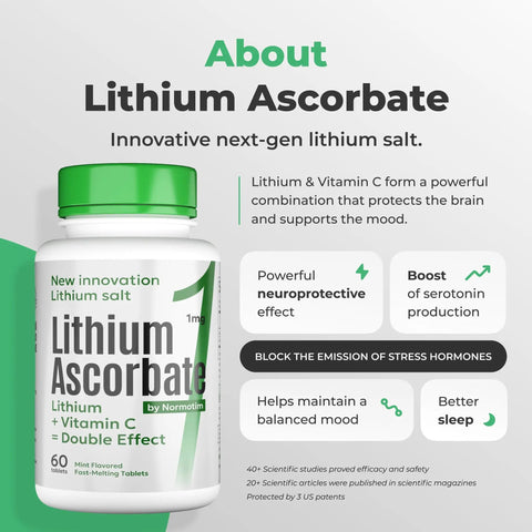 Lithium Ascorbate 1mg bottle with Vitamin C for brain boost, 60 tablets; mood and stress support cognitive enhancer, bonus tablets