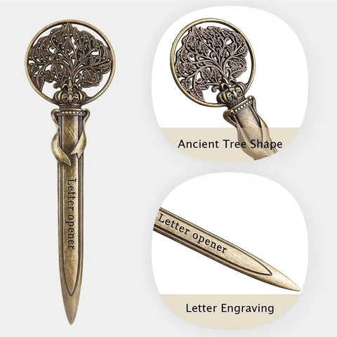 Antique Metal Letter Opener Set Pack Of 3 With Gift Box Tree Shaped Envelope Slitter in bronze finish, detailed engravings