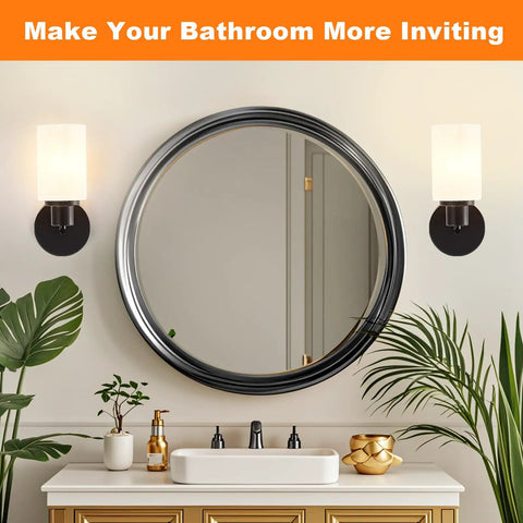 Farmhouse Style 2 Light Wall Vanity Light Fixture With Glass Shades Dope Look For Powder Room Hallway Or Kitchen E26 Base UL Listed Matte Black Metal Wall Mount Vanity Lighting in bathroom setting with plants and decor.