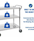 Heavy Duty 3 Tier Rolling Utility Cart On Wheels With Wire Shelves And Handle Bar 45L By 17.5D By 45H Commercial Grade Metal Serving Cart