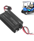 600W MPPT Solar Charge Controller with step-up design beside a blue golf cart, showing real-time voltage and current LCD display
