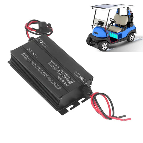 600W MPPT Solar Charge Controller with step-up design beside a blue golf cart, showing real-time voltage and current LCD display