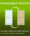 Z Wave Plus In Wall Smart Fan Speed Controller With 3 Speed Settings High Medium Low In Wall Switch For Ceiling Fans Includes White And Light Almond Paddles Hub Required Plays Nice With SmartThings Wink And Alexa showing changeable paddles.