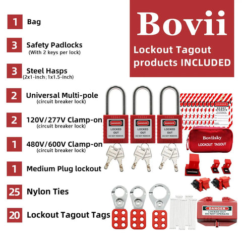 Electrical Lockout Tagout Kit With 33 Devices Padlocks Hasps Circuit Breaker Locks Switch Locks Tag Outs And Nylon Storage Bag