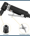Heavy Duty Right Angle Air Die Grinder Delivers 20K RPM Torque With 22 Pc Roll Lock Sanding Disc Bundle For Knockout Tight Space Metal Job Smooth As Butter, showing 1/4" chuck and push-button switch.