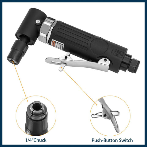 Heavy Duty Right Angle Air Die Grinder Delivers 20K RPM Torque With 22 Pc Roll Lock Sanding Disc Bundle For Knockout Tight Space Metal Job Smooth As Butter, showing 1/4" chuck and push-button switch.