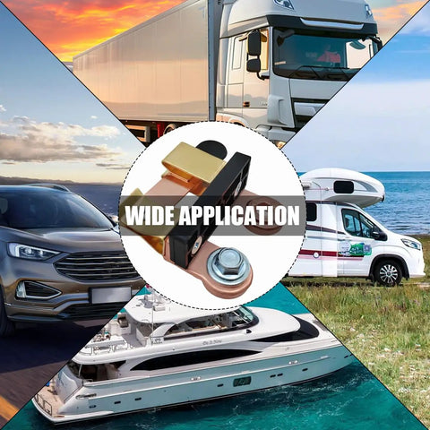 Bulletproof Horizontal Knife Blade Battery Disconnect Switch for Cars Trucks and Campers, showcasing wide application with vehicles and boats.