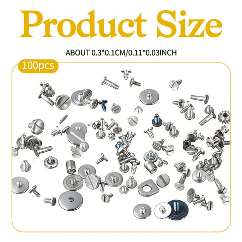 100 Piece Watch Screw Kit For Repair And Battery Replacement With Stainless Steel Clamp Screws shown in assorted sizes
