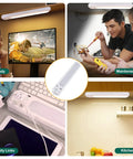 Collage showing 18 Inch Plug In Under Cabinet Light Bar With 2 USB Ports And 5 Ft Power Outlet Dimmable 3000K 4000K 5000K 120V Task Lighting For Garage Or Workbench Easy Install For Diy Projects across study, maintenance, daily links, and kitchen settings.