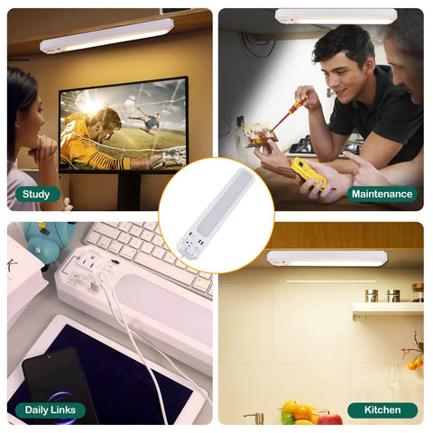Collage showing 18 Inch Plug In Under Cabinet Light Bar With 2 USB Ports And 5 Ft Power Outlet Dimmable 3000K 4000K 5000K 120V Task Lighting For Garage Or Workbench Easy Install For Diy Projects across study, maintenance, daily links, and kitchen settings.