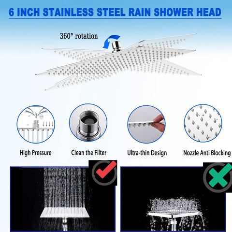 Dual Shower Heads With Handheld Spray Combo, 6 Inch Square Rain Shower Head With 78 Inch Stainless Steel Hose, High Pressure Chrome Finish