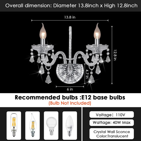 Elegant Crystal Wall Sconce Candles Set Of 2 For Living Room Bath Entryway Hallway Hardwired Classic Wall Lights With Glam Crystal Accents