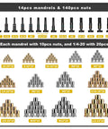 Rivet Nut Tool Kit With 140 Rivet Nuts And 14 Mandrels Metric And SAE, mandrels and nuts display, various sizes labeled