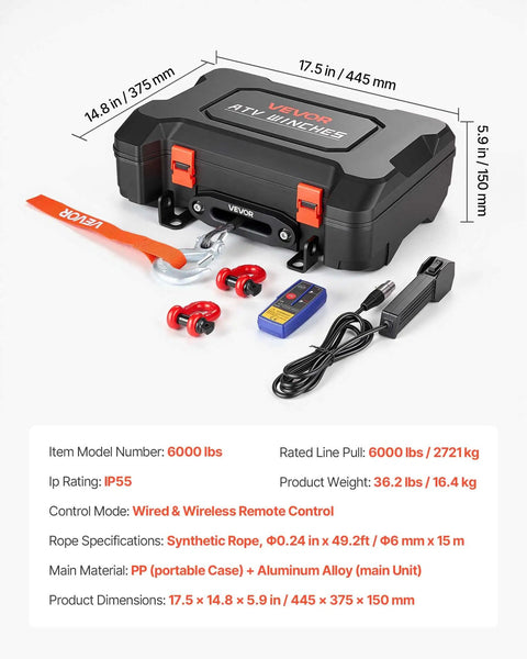 Portable Workhorse Winch 6000 Lbs 12V DC Electric With Synthetic Rope Wireless And Wired Remotes Box Style Recovery Kit With Fairlead Clevis Hook And Strap For ATV UTV Off Road Pulling Tasks, black case with accessories