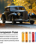 Top Shelf 200 Piece Torpedo Blade Fuse Assortment Kit With 5A 8A 10A 16A And 25A Amps No Sweat Pro Grade For Old School Classic European Auto Electrical Repair shown with classic car on road.