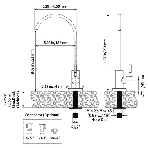 Diagram of Reverse Osmosis Drinking Water Faucet, dimensions and fittings, stainless steel brushed nickel, non air gap filtration system.