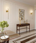Mid Century Modern Gold Crystal Wall Sconce Set Of Two, Brushed Brass Long Tube Lighting in elegant dining room