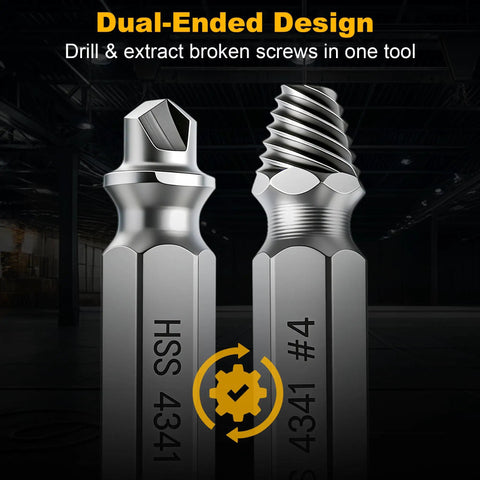 Close-up of Damaged Screw Extractor Set for Stripped Screws and Bolts, dual-ended design, HSS 4341 steel, shows drill and extractor ends.