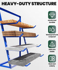 Rock Solid Alloy Steel Lumber Storage Rack And Pipe Shelf With 1000 Lbs Capacity For Garage Workshop Gear Organization, showcasing sturdy blue shelves with wood and plywood.