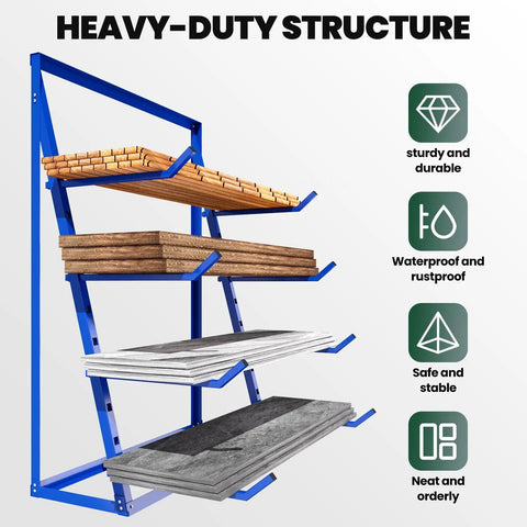 Shop Ready Heavy Duty Lumber Storage Rack With 1000 Lb Pipe Capacity For Machine Shops, showing solid alloy steel shelves holding lumber.