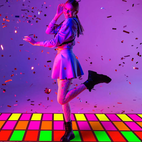 Colorful Disposable Neon Dance Floor Carpet Runner For Outdoor Parties And Weddings 118 By 39 Inches with confetti overlay