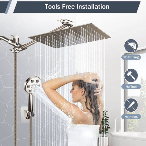 Brushed Nickel Rain Shower Head With Handheld Shower Head, 10 Inch High Pressure Combo, 6 Settings, Easy Install in use