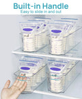 Snag These Dope Clear Breastmilk Storage Bins For Freezer And Fridge Featuring Four Tight Narrow Organizer Containers That Keep Fresh Milk Ready Whenever You Get Around To It. Image shows four clear polyethylene bins with breastmilk bags, designed for easy access.