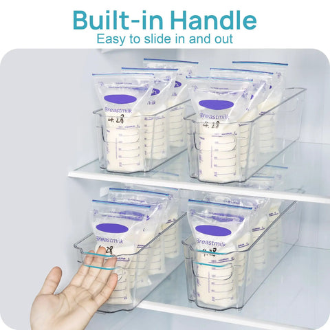 Snag These Dope Clear Breastmilk Storage Bins For Freezer And Fridge Featuring Four Tight Narrow Organizer Containers That Keep Fresh Milk Ready Whenever You Get Around To It. Image shows four clear polyethylene bins with breastmilk bags, designed for easy access.