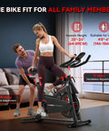 Magnetic Resistance Stationary Bike For Home Use With App Sync Indoor Cycling Bike Supports 350 Lbs Weight Capacity Tablet Holder And Fitness Courses For Weight Loss Black Red with users adjusting seat and handlebar positions