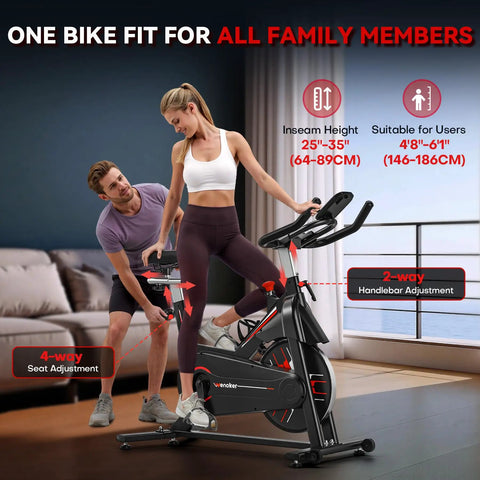 Magnetic Resistance Stationary Bike For Home Use With App Sync Indoor Cycling Bike Supports 350 Lbs Weight Capacity Tablet Holder And Fitness Courses For Weight Loss Black Red with users adjusting seat and handlebar positions