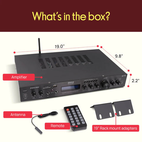 5 Channel Rack Mount Bluetooth Amplifier Receiver For Home Theater And Speakers with accessories including antenna, remote, rack adapters