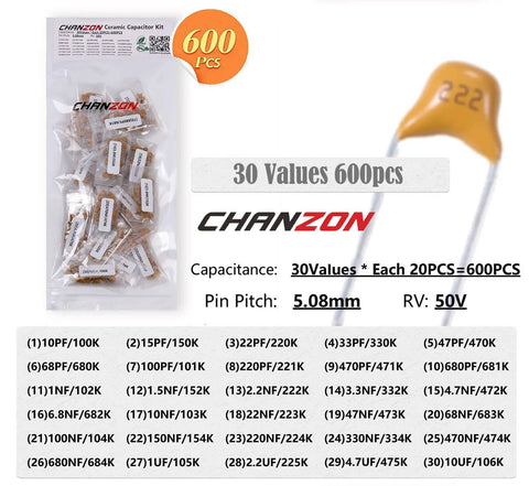 600 Piece Ceramic Capacitor Kit With 30 Values, 10pF To 10uF, 50V, 10 Percent Tolerance, Essential For DIY Projects And PCB Repairs, Values Printed On Bags For Quick Visual Identification.