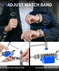 Pro Grade All In One 210 Piece Watch Repair Kit With Battery Change Kit Case Opener Link Remover in use for watch band adjustment.