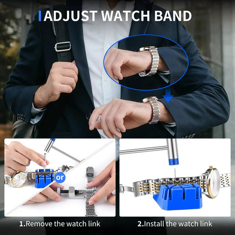 Pro Grade All In One 210 Piece Watch Repair Kit With Battery Change Kit Case Opener Link Remover in use for watch band adjustment.