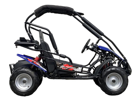Side view of Electric Youth Go Kart With Reverse, Dual Speed Modes 15 MPH And 27 MPH, 60V 1.8KW Motor, 48V 29Ah, Blue Body Kit