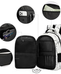 Open view of Long Fluffy Hair Feline Outline Print Unisex Backpack with pockets, sturdy zippers, and large capacity for school, travel, work, and everyday carry.