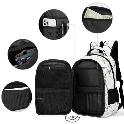 Open view of Long Fluffy Hair Feline Outline Print Unisex Backpack with pockets, sturdy zippers, and large capacity for school, travel, work, and everyday carry.
