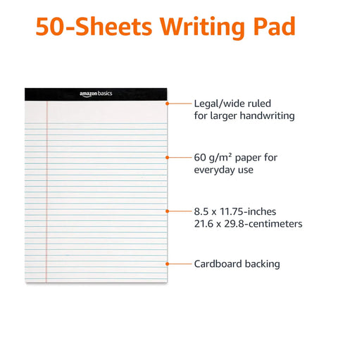 Wide Ruled Lined Writing Note Pads 12 Pack With 50 Perforated Sheets Each Letter Size White Paper And Sturdy Chipboard Backing Straight Top Shelf Stationery For Your Daily Desk Grind, showing 50 sheets legal ruled pad.