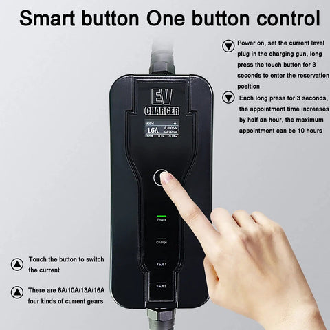 Hand showing smart button control on Go Anywhere Level 1 And Level 2 Portable EV Charger With 16 Amp Output and touch screen.