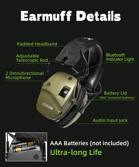 Front view of green 035 Bluetooth 5.4 Shooting Ear Protection Earmuff with ANC, showing features like microphones and Bluetooth light.