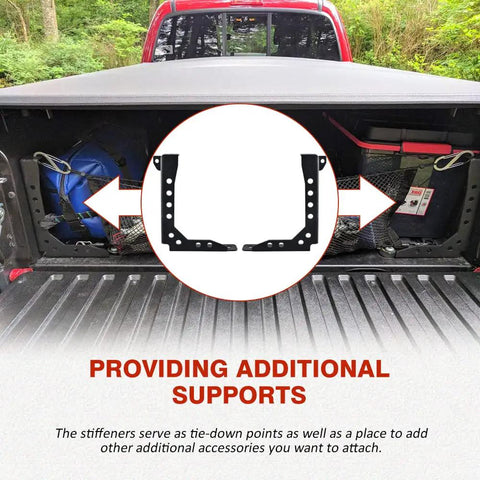 Badass Heavy Duty Tacoma Bed Channel Stiffener And Rear Support Bracket For 2005 To 2022 Toyota Pickup installed in truck bed, showcasing tie-down points.