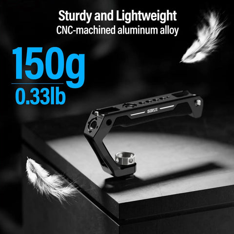 Universal Camera Cage Top Handle With Cold Shoe Mount on a dark surface, CNC aluminum, highlighting lightweight 150g weight.