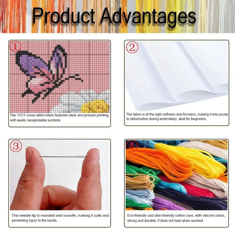 Product advantages of Mountain Campfire By Lake Cross Stitch Kit 11 Count Aida 12 By 16 Inches for beginners shown in four images