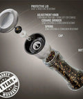 Stainless Steel Salt And Pepper Grinder With Adjustable Ceramic Mechanism Tall Glass Spice Shaker Easy Grip BPA Free Glass Bottle Modern Kitchen Mill Go To Everyday Seasoning Includes Handy EBook Guide showing disassembled view.