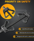 Heavy Duty Coil Spring Compressor Tool Kit For Auto Repair Pro Grade Spring Clamp Set close-up with safety features highlighted.